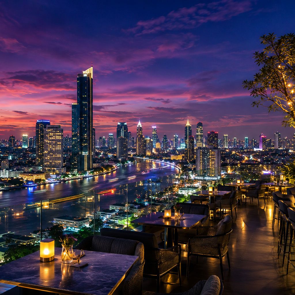 Bangkok skyline and rooftop dining at night
