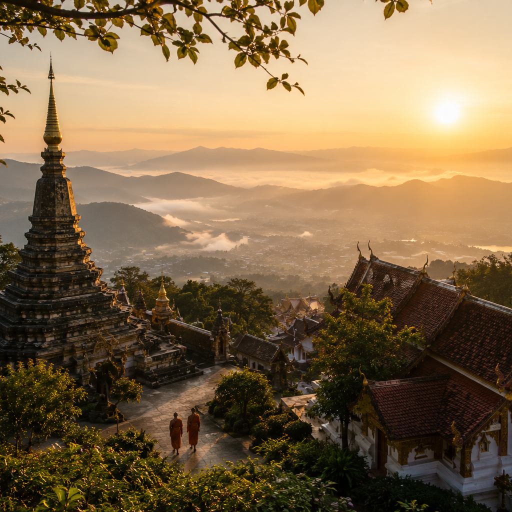 Chiang Mai temple surrounded by mountains and morning mist