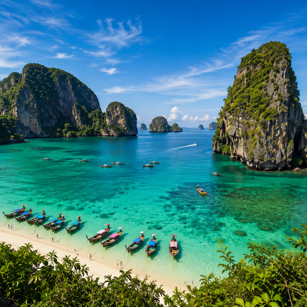 Long-tail boats and limestone islands in Krabi